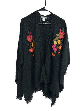 Accessory St One Size Black Floral Embroidered Fringe Poncho Boho Chic